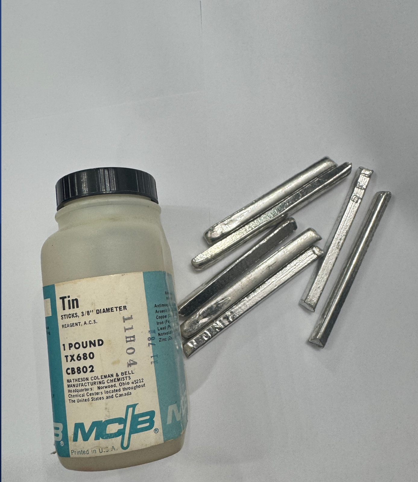 Tin Metal, High Purity, Reagent ACS, Sticks, 1 lb., MCB Tin Metal, High Purity, Reagent ACS, Sticks, 1 lb., MCB