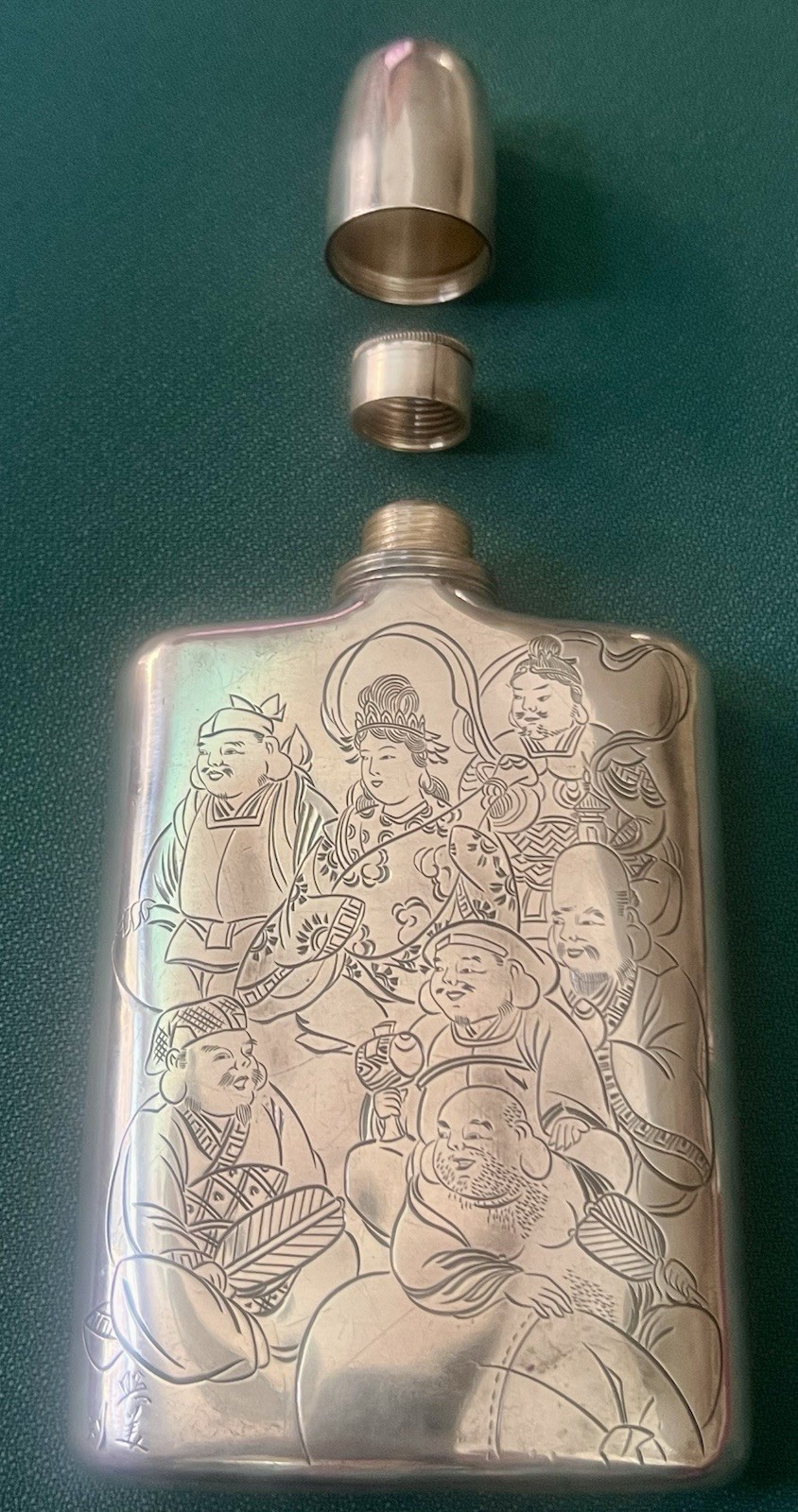 FABULOUS VTG STERLING FLASK ENGRAVING 7 LUCKY GODS JAPANESE DEITIES 5.3 T.OZ FABULOUS VTG STERLING FLASK ENGRAVING 7 LUCKY GODS JAPANESE DEITIES 5.3 T.OZ