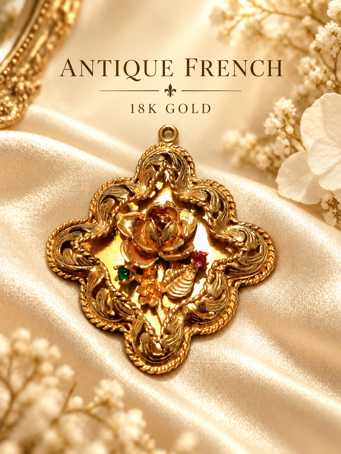 Antique French 18K Gold Quatrefoil Rose Pendant Ruby Emerald 12.88g