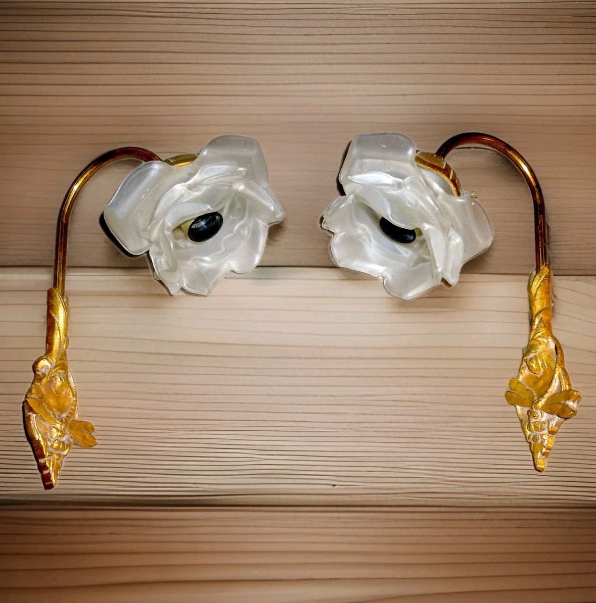 Gorgeous Pair of Antique French Brass Rococo Sconces with WhiteGlass Rose Shades