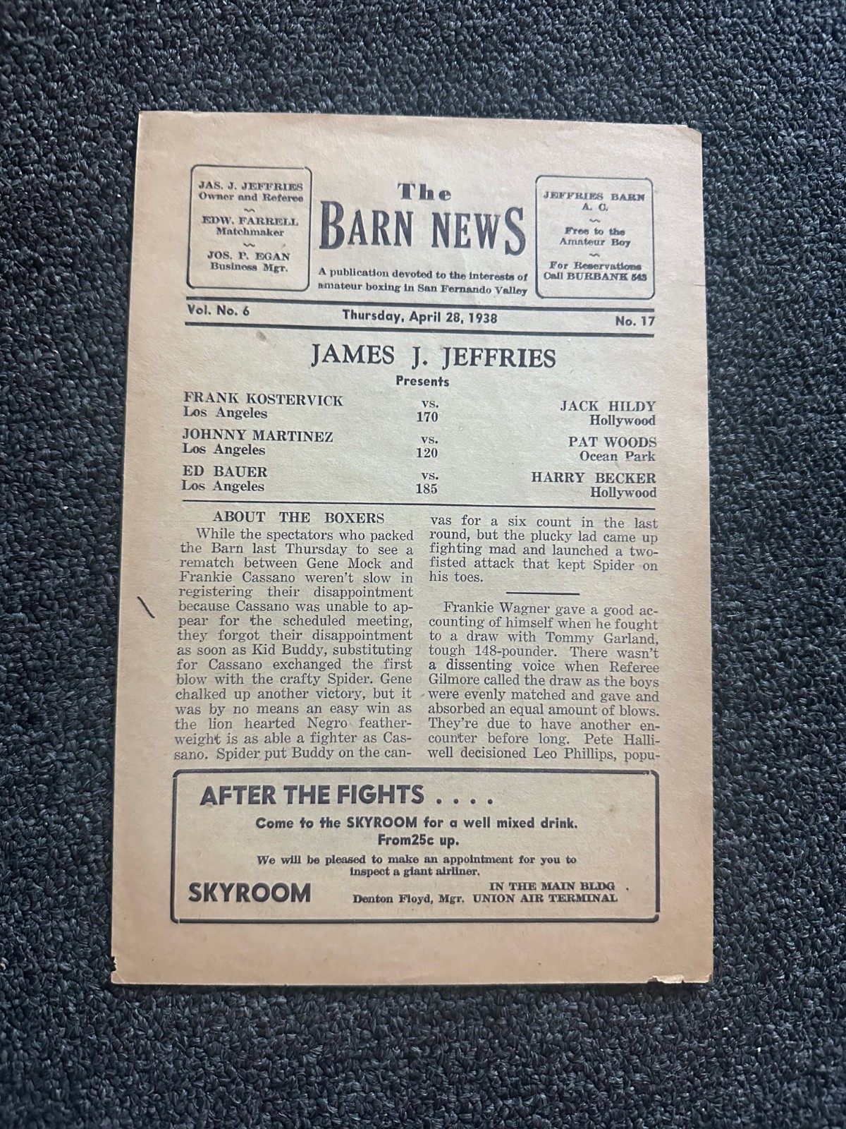 1938 The Barn News James J Jeffries Boxing Burbank California Amateur Program