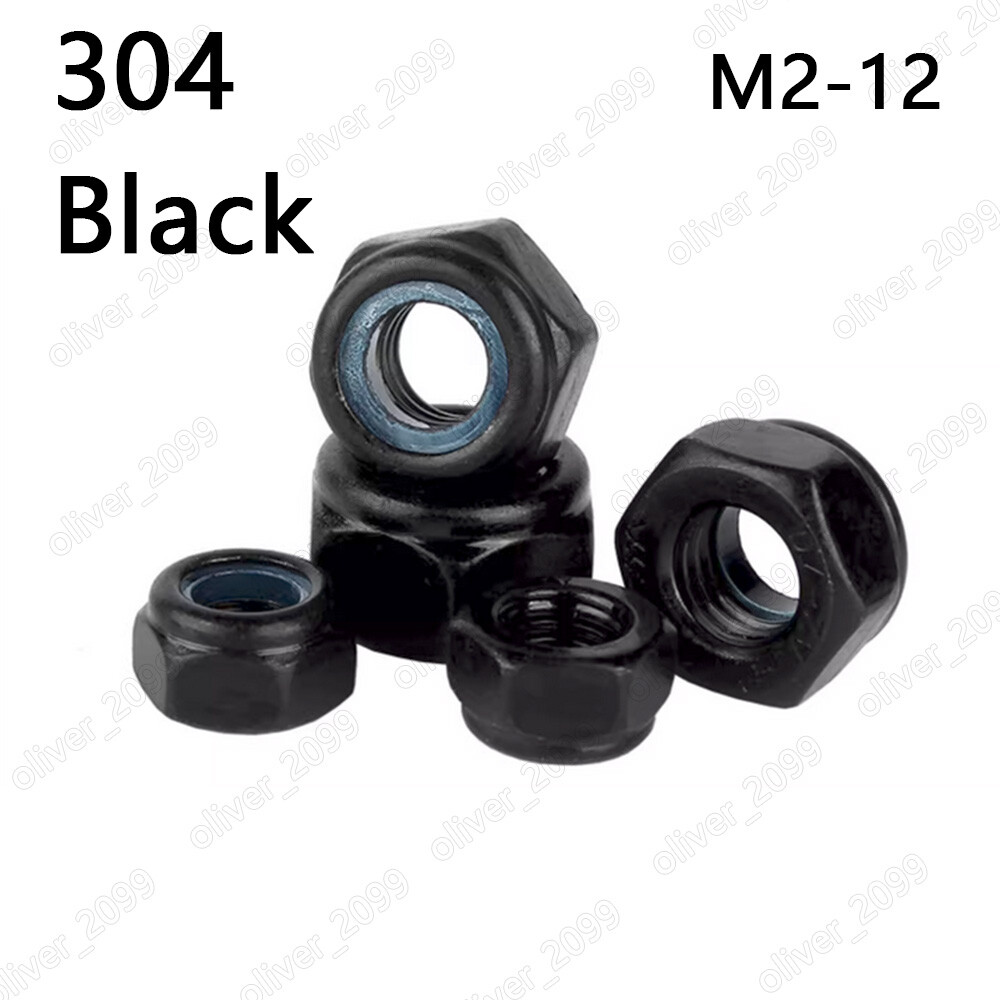 Black 304 Stainless Steel Hexagon Nylon Insert Lock Nuts M2 M3 M4 M5 M6 M8-M12