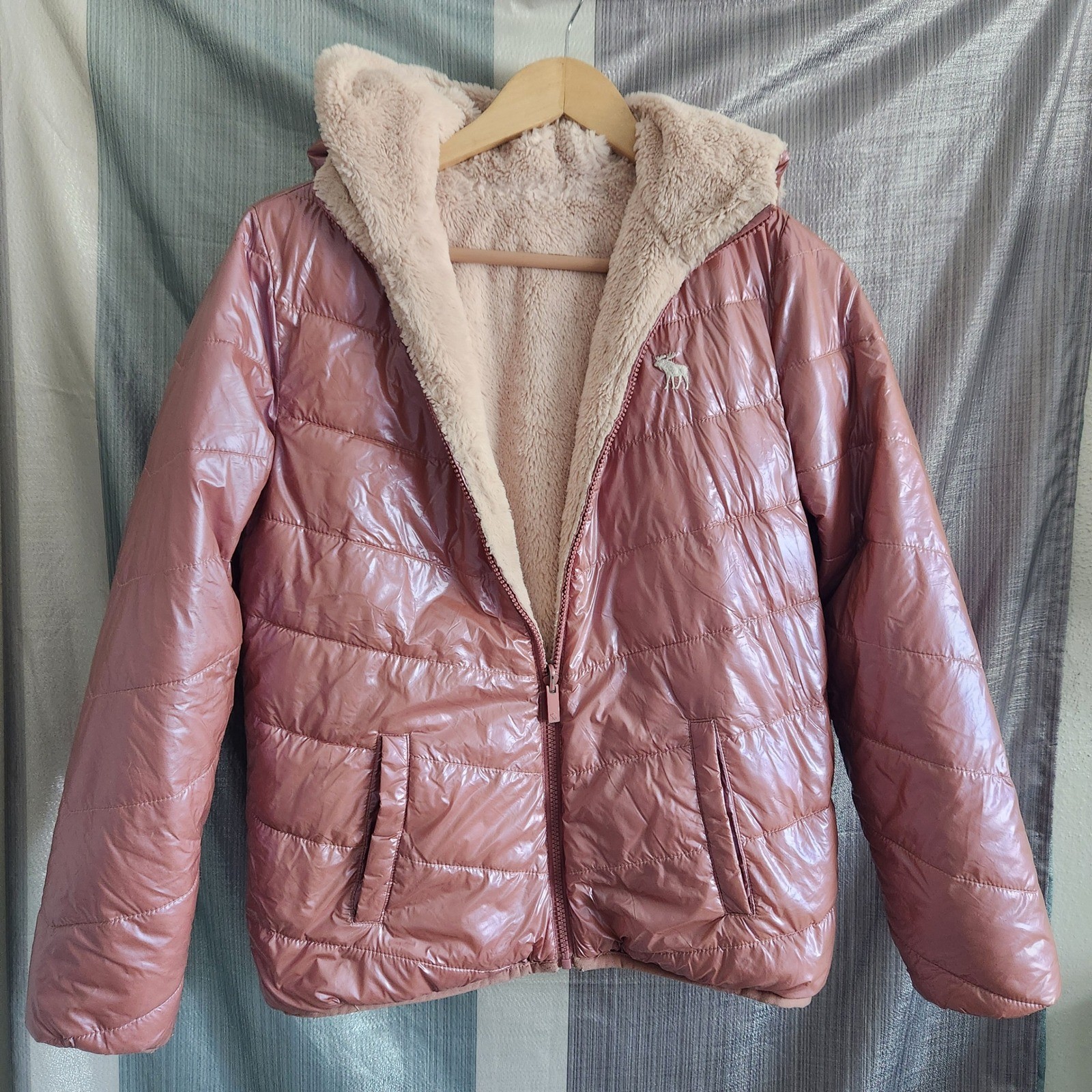 Abercrombie Kids Reversible Puffer Jacket Rose Gold Faux Fur Hooded Girl 15/16