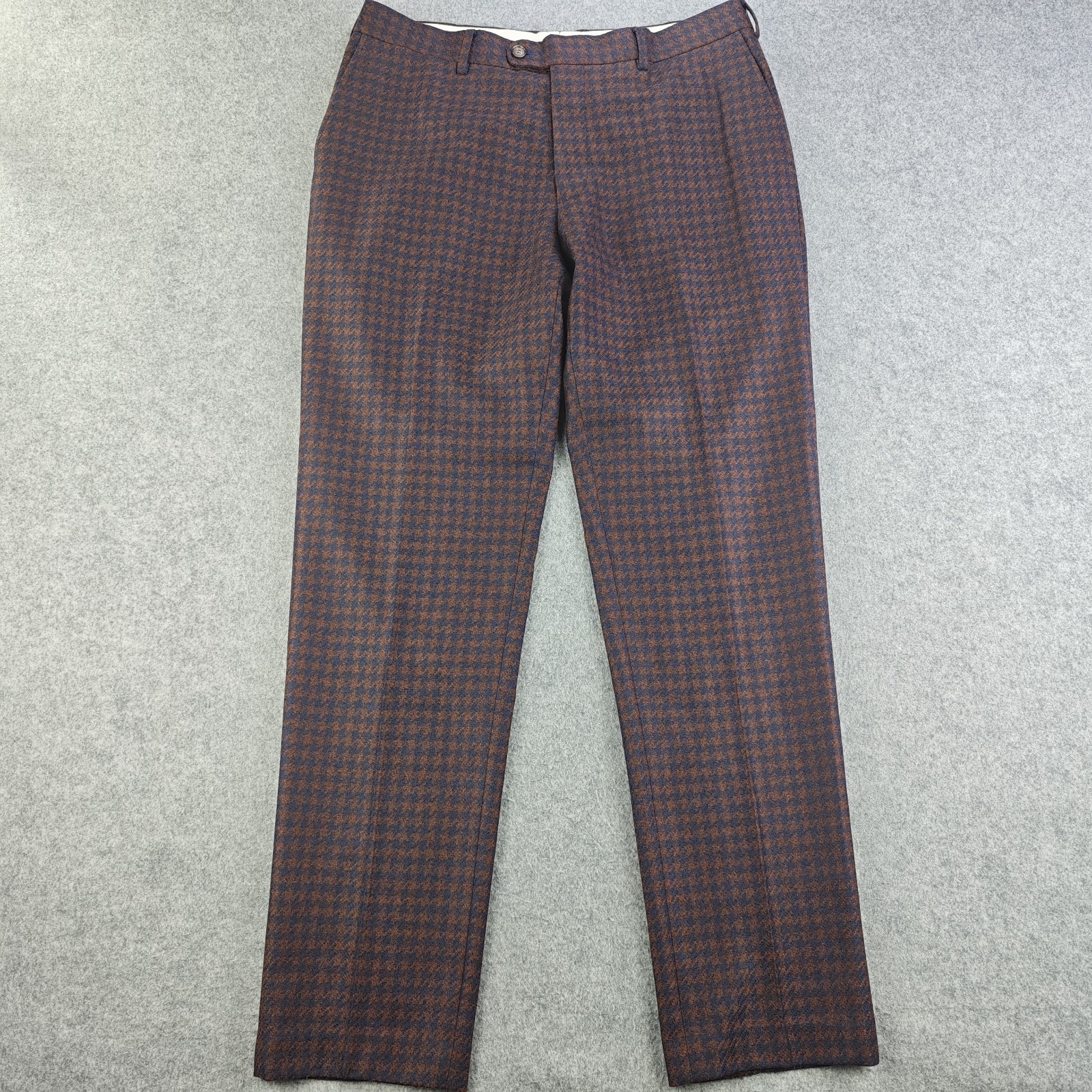 Suitsupply Soho Pants Mens 50 34x30 Brown Blue Houndstooth 100% Wool Flat Front