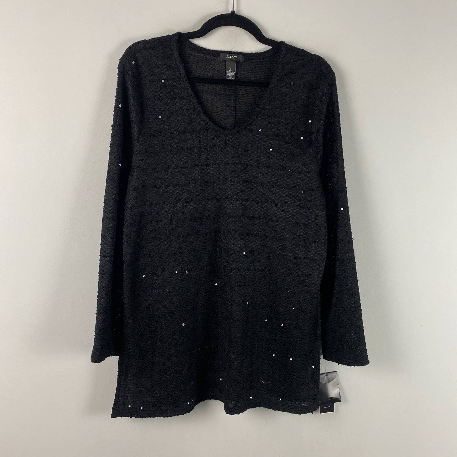 Alfani Knit Top Sequin Tunic Size XL Black V Neck Long Sleeve Button Back