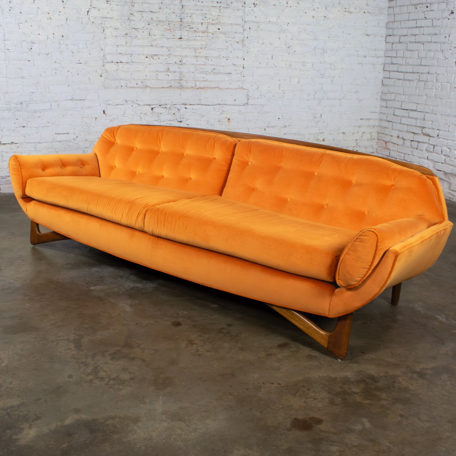 Mid-20th Century MCM Adrian Pearsall Style Gondola Sofa Orange Velveteen Fabric