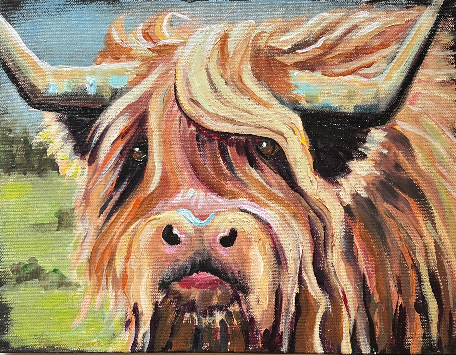 Sophie Dare Original Art 11X14 Acrylic on canvas Scottish Highland Cow OUTLANDER
