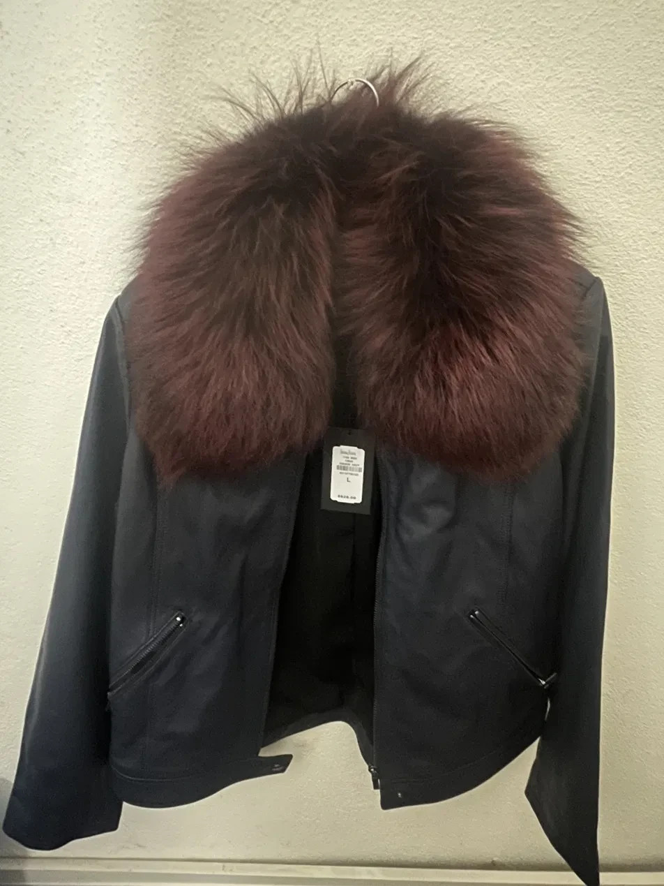 NWT Neiman Marcus Leather Collection Jacket Genuine Fox Fur Collar Sz L $625
