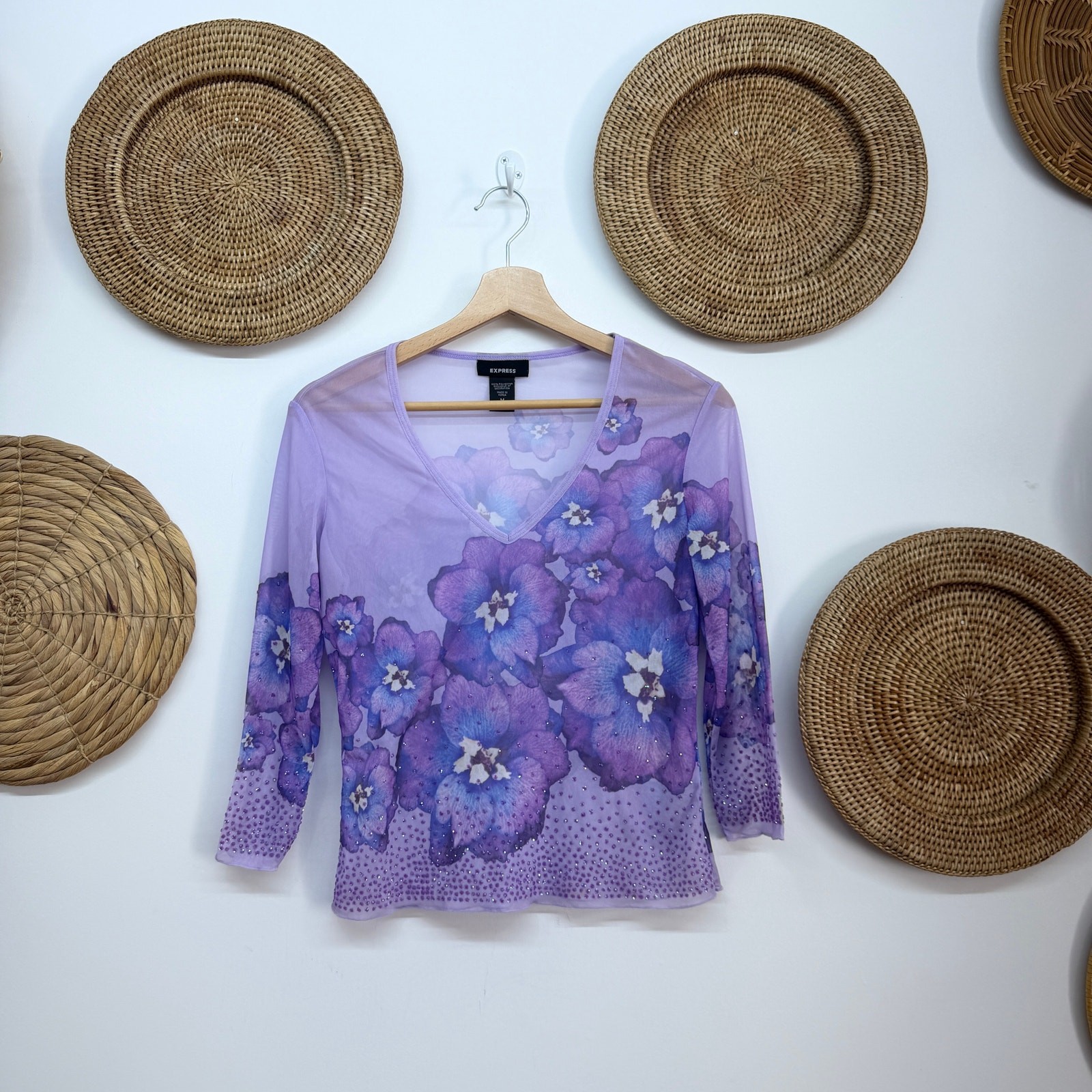 Vintage Y2K 2000s Express Sheer Rhinestone Floral Top Medium Vintage Y2K 2000s Express Sheer Rhinestone Floral Top Medium
