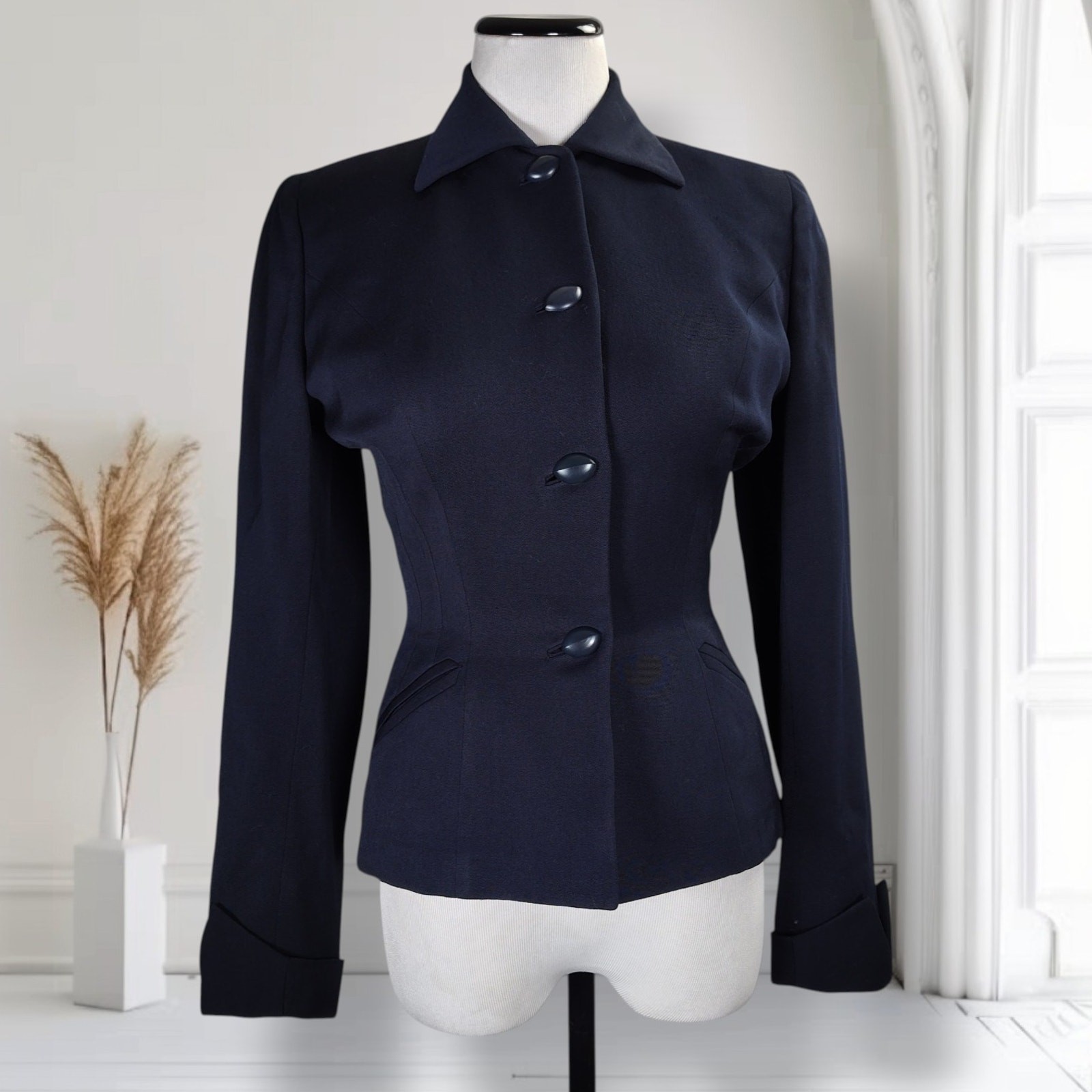 Vintage 1940s Handmacher Wool Gabardine Jacket Navy Nipped Waist XS