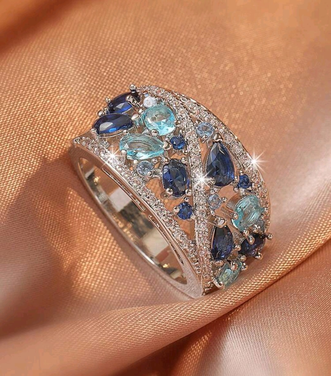 Elegant 925 Sterling Silver Blue White Topaz Wedding Engagement Ring Size 7