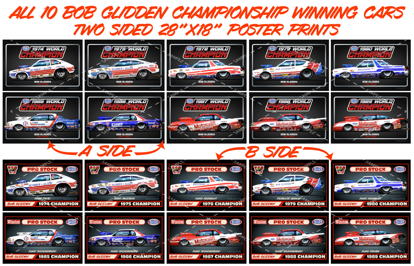 10 Bob Glidden Championship Posters Set-Get all TEN-2 sided 28X18\
