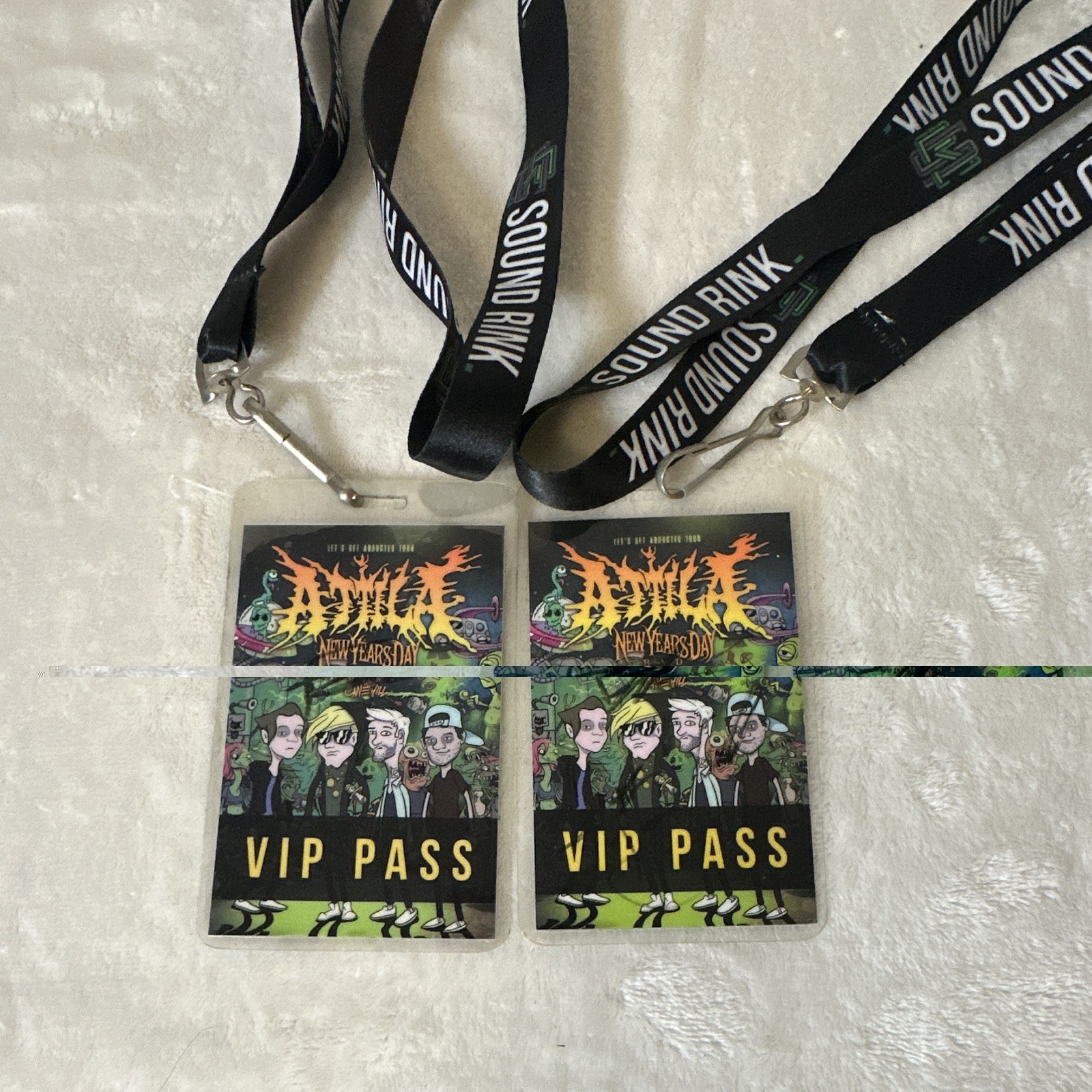 Autographed Attila VIP pass featuring New Years Day Bad Omens Cane Hill . Autographed Attila VIP pass featuring New Years Day Bad Omens Cane Hill .