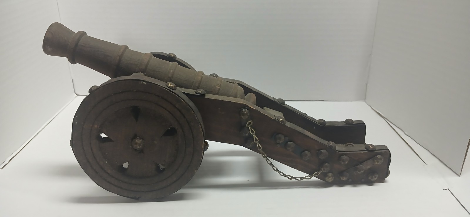 Vintage  14.5” Spanish Wood Model Cannon Replica Moving Wheels & Cannon Handmade