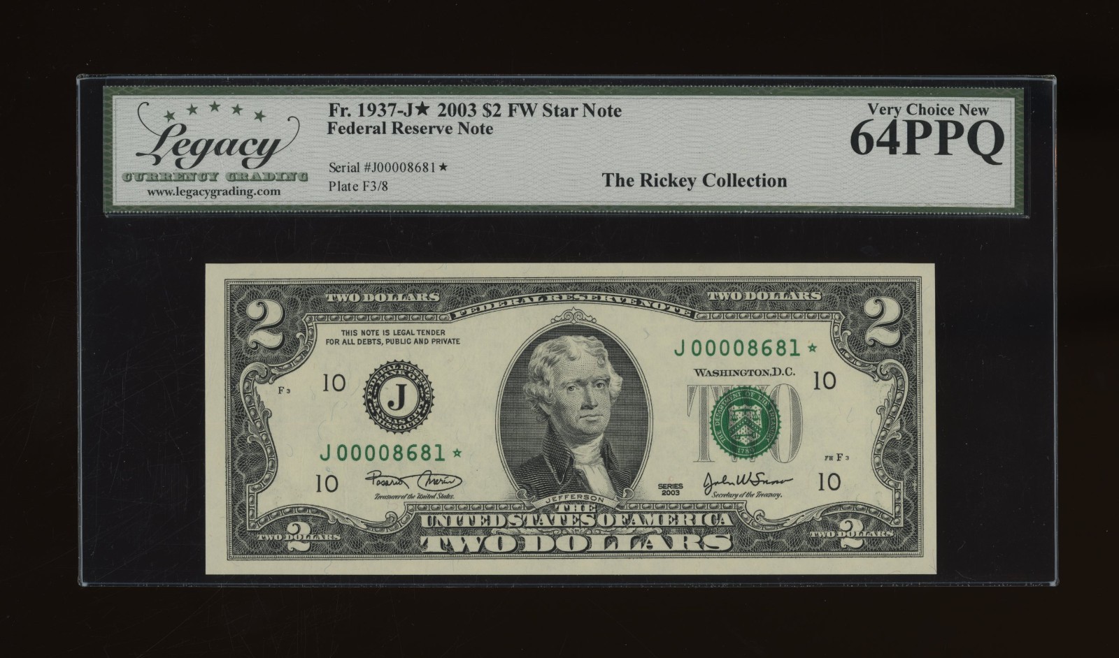 DBR 2003 $2 FRN Kansas City STAR Fr. 1937-J* Legacy 64 PPQ Low Serial J00008681*