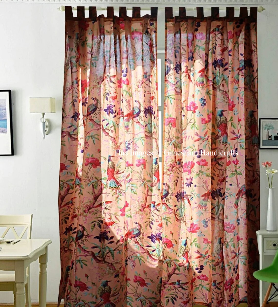 2 Pieces Indian Vintage Cotton Bird Print Boho Drapes Window Decor Peach Curtain