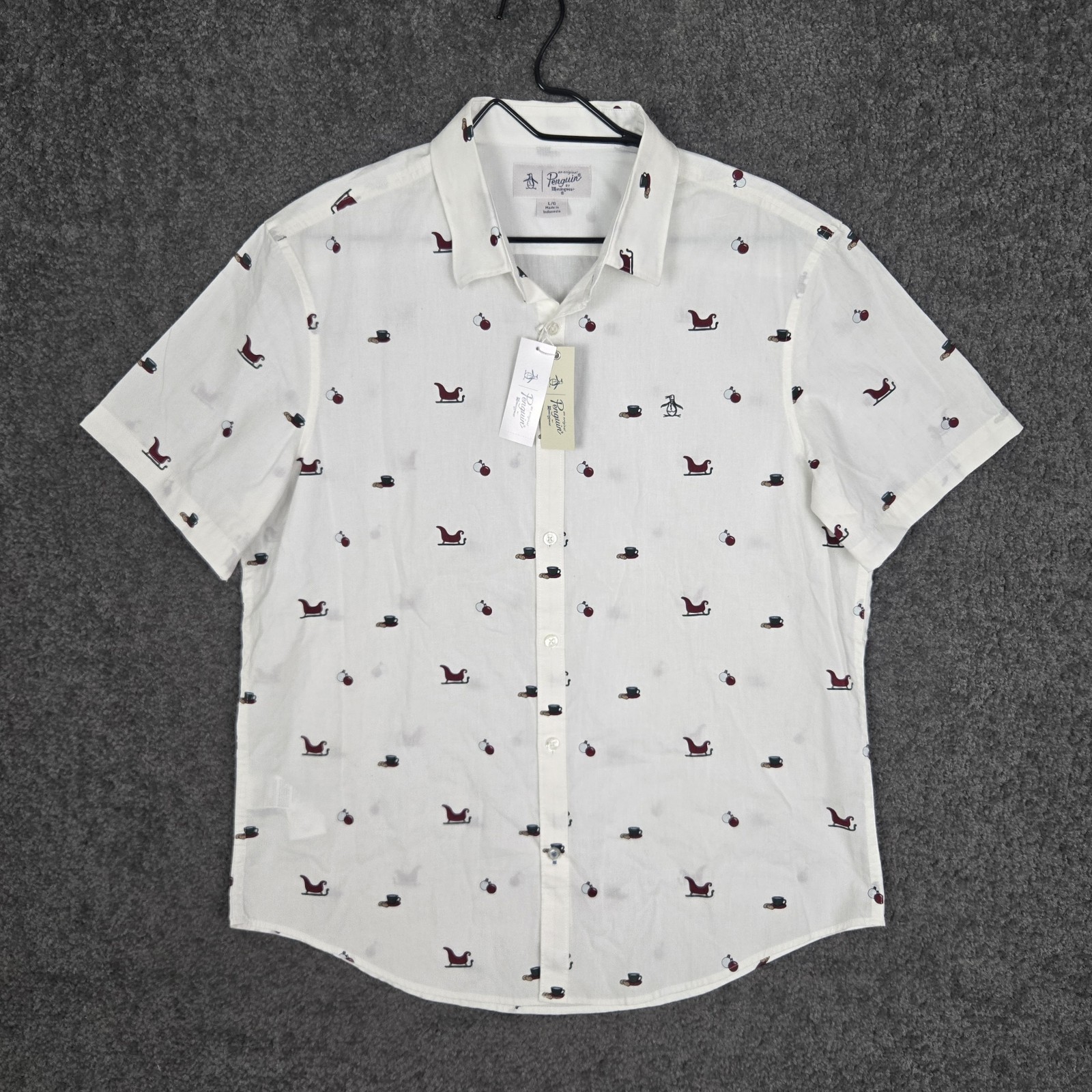 Original Penguin Shirt Men\'s Large Short Sleeve Christmas Holiday Winter NEW NWT