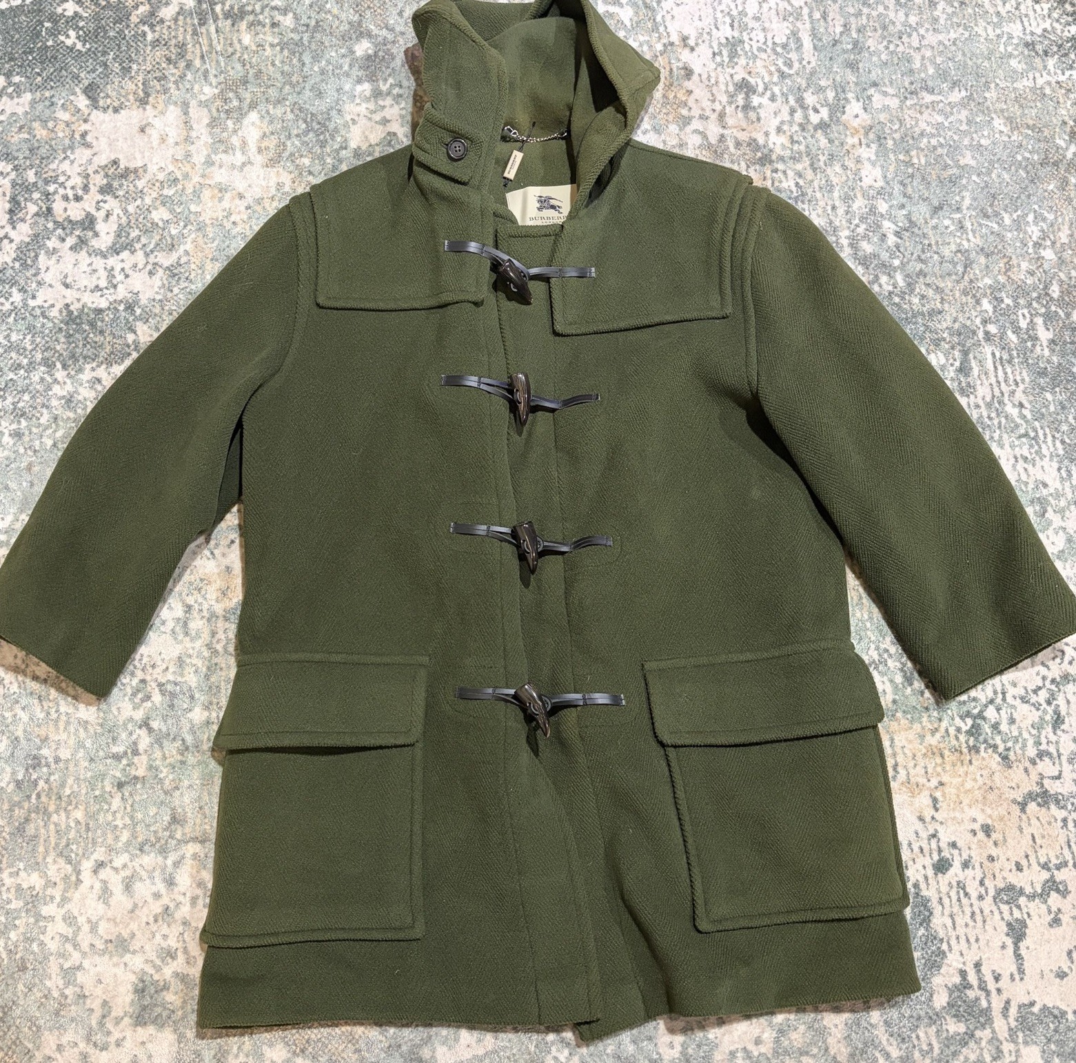 Vintage Burberry London Green Wool Duffle Coat Hooded Toggle Jacket 14XM / XS Vintage Burberry London Green Wool Duffle Coat Hooded Toggle Jacket 14XM / XS
