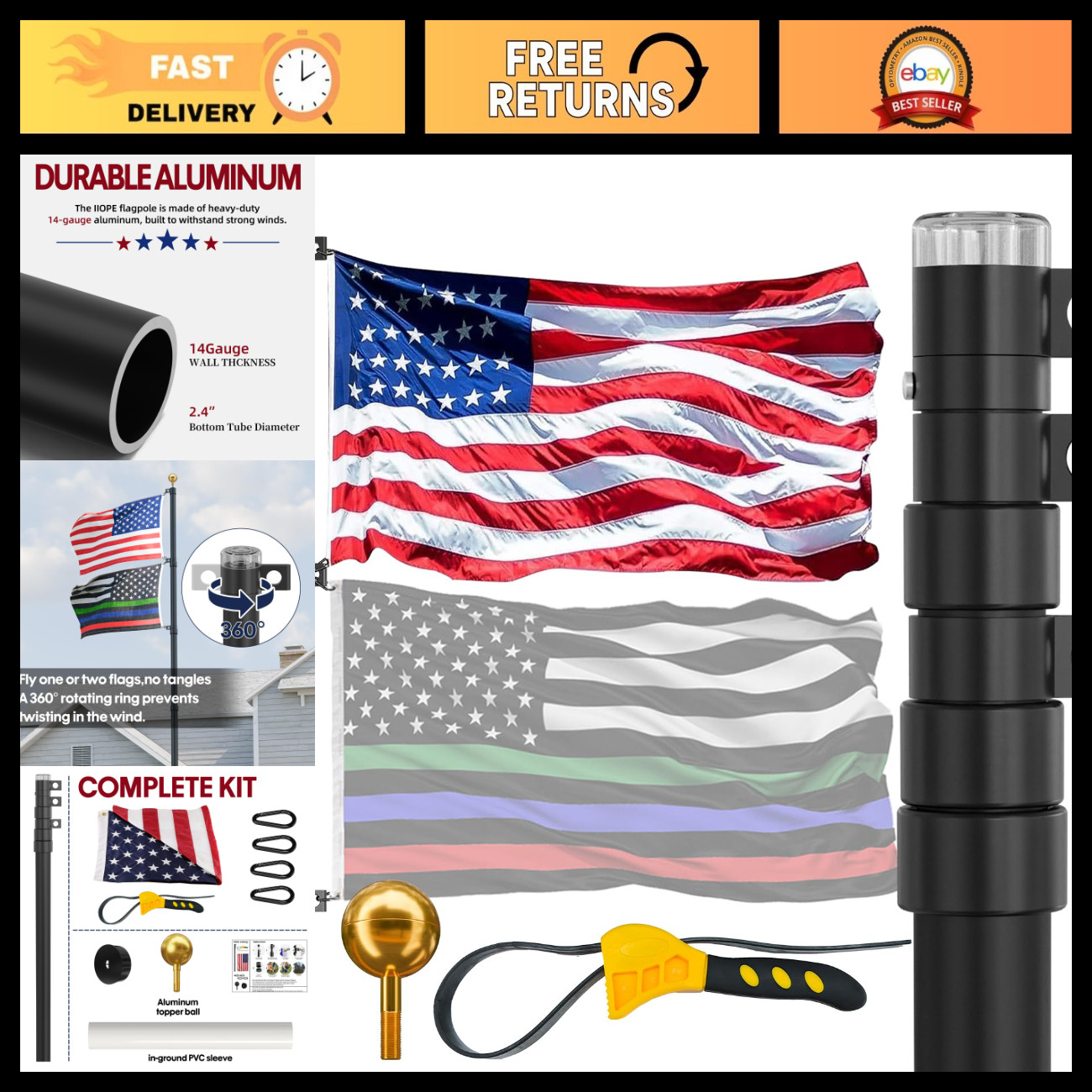 20FT Telescoping Flag Pole for Outdoor Use, Heavy Duty with American Flag Includ