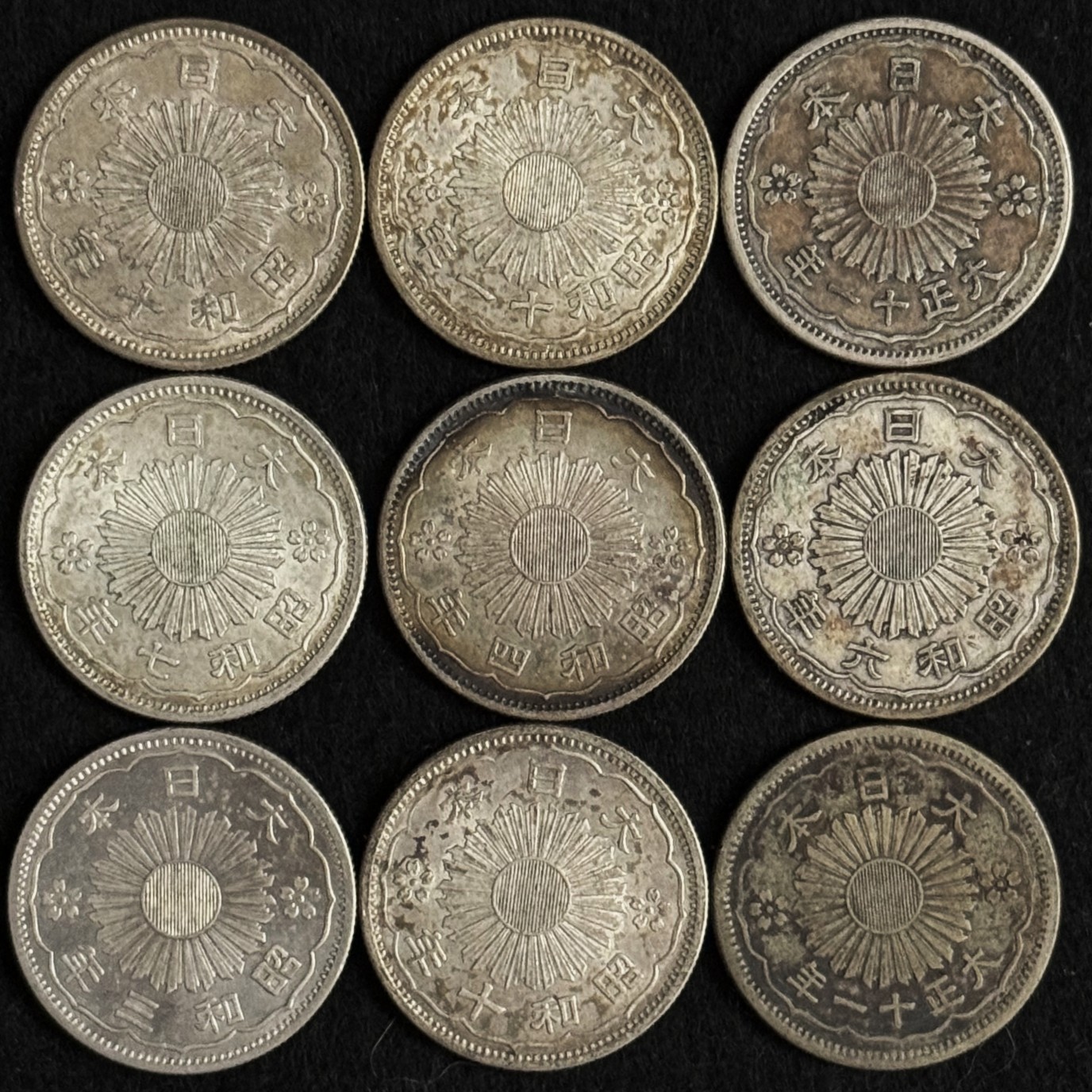 1922-1936 Japan 50 Sen 9-Coin Silver Lot Taisho Showa Y#46 Y#50 • U25