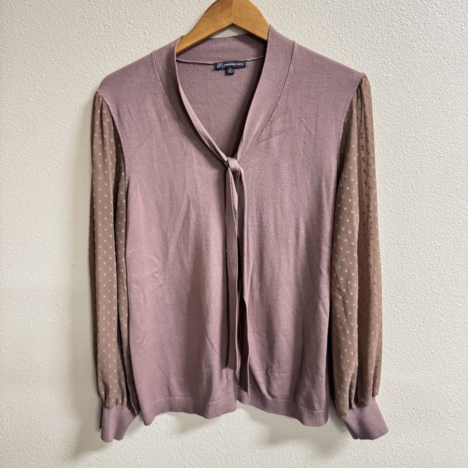 Adrianna Papell Women’s XL Mauve Knit Tie Neck Top Sheer Swiss Dot Sleeves