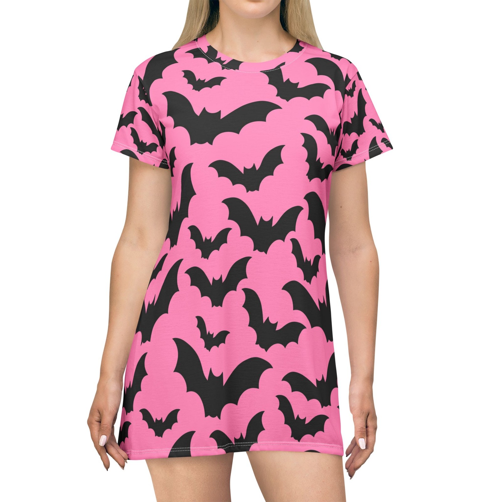 Pink Black Bat T-Shirt Dress Halloween Gothic AOP Mini Dress Spooky Costume