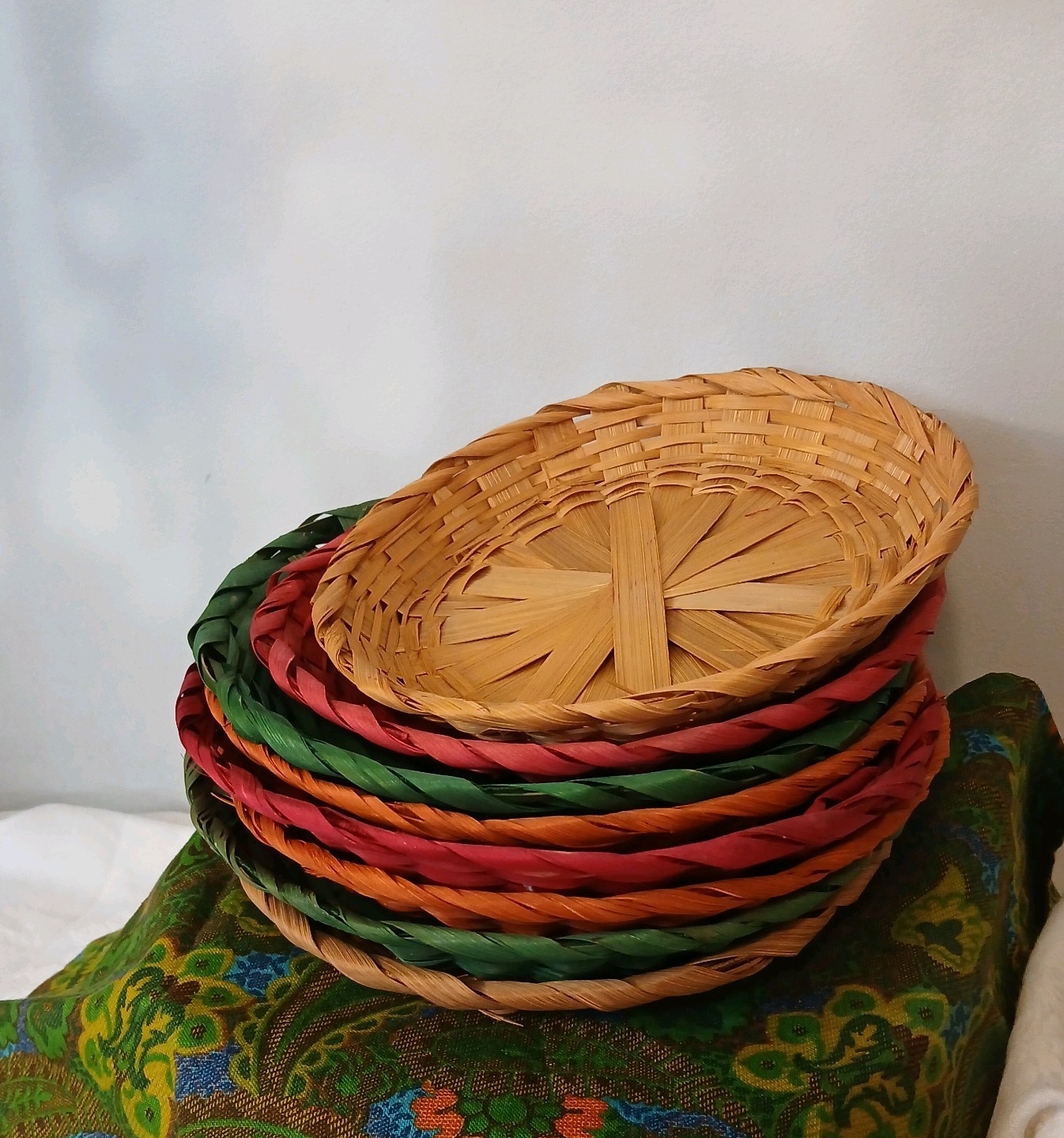 Vintage 1970s Bamboo Weave Plate Set of 8 Wicker Rattan Tiki Boho-chic Trays MCM