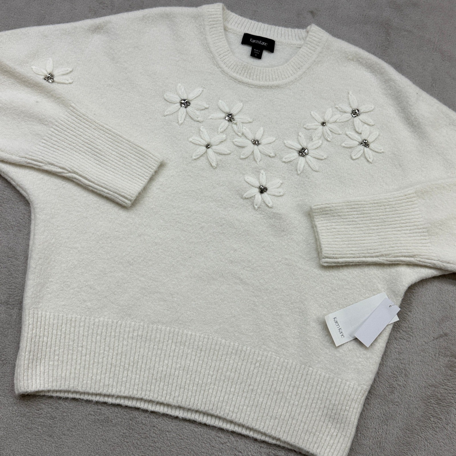 Karen Kane Sweater Women\'s L Cream Embroidered Rhinestone Coquette Shabby Chic