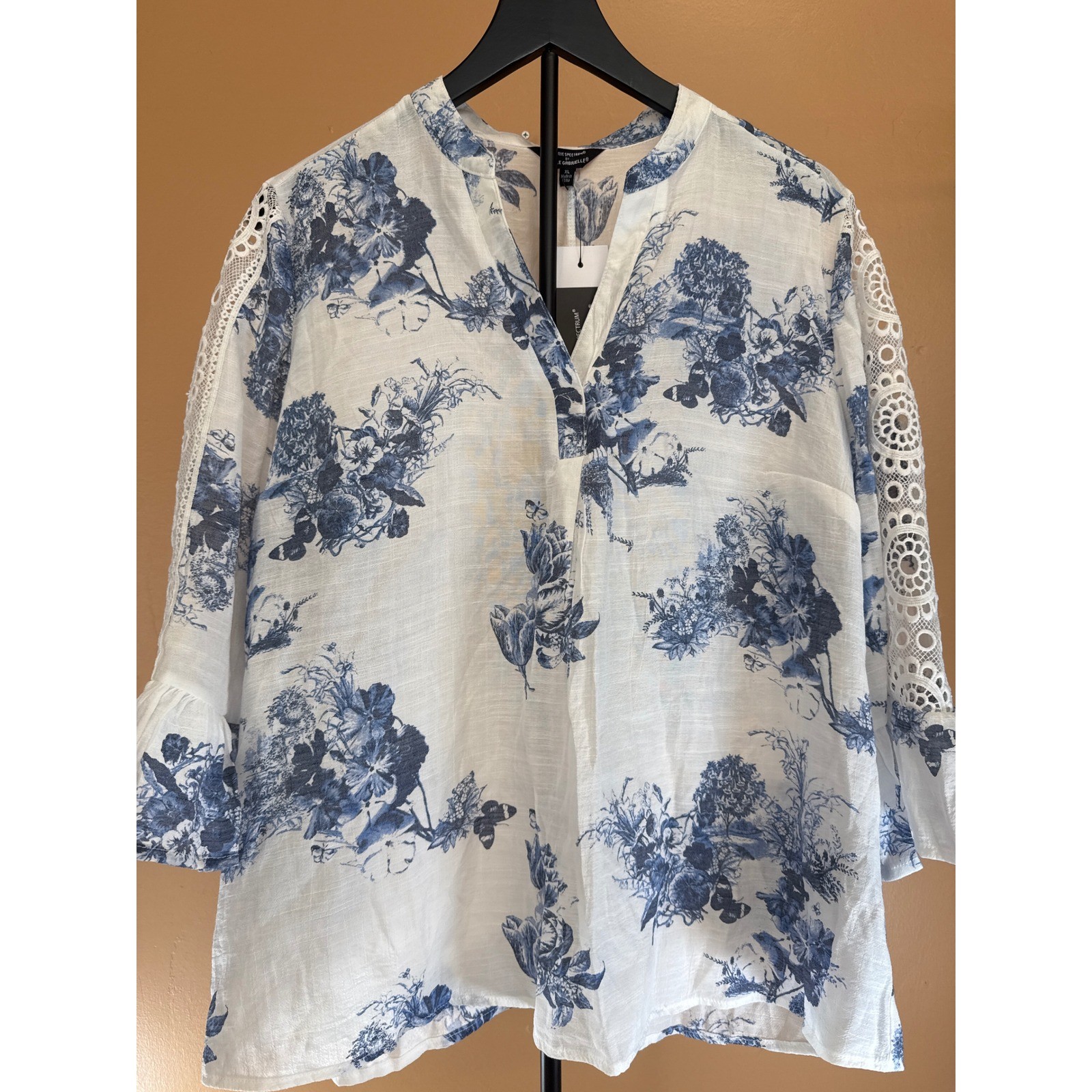 Unique Spectrum Mlle Gabrielle Blue White Floral Toile Eyelet Lace Blouse XL NWT Unique Spectrum Mlle Gabrielle Blue White Floral Toile Eyelet Lace Blouse XL NWT