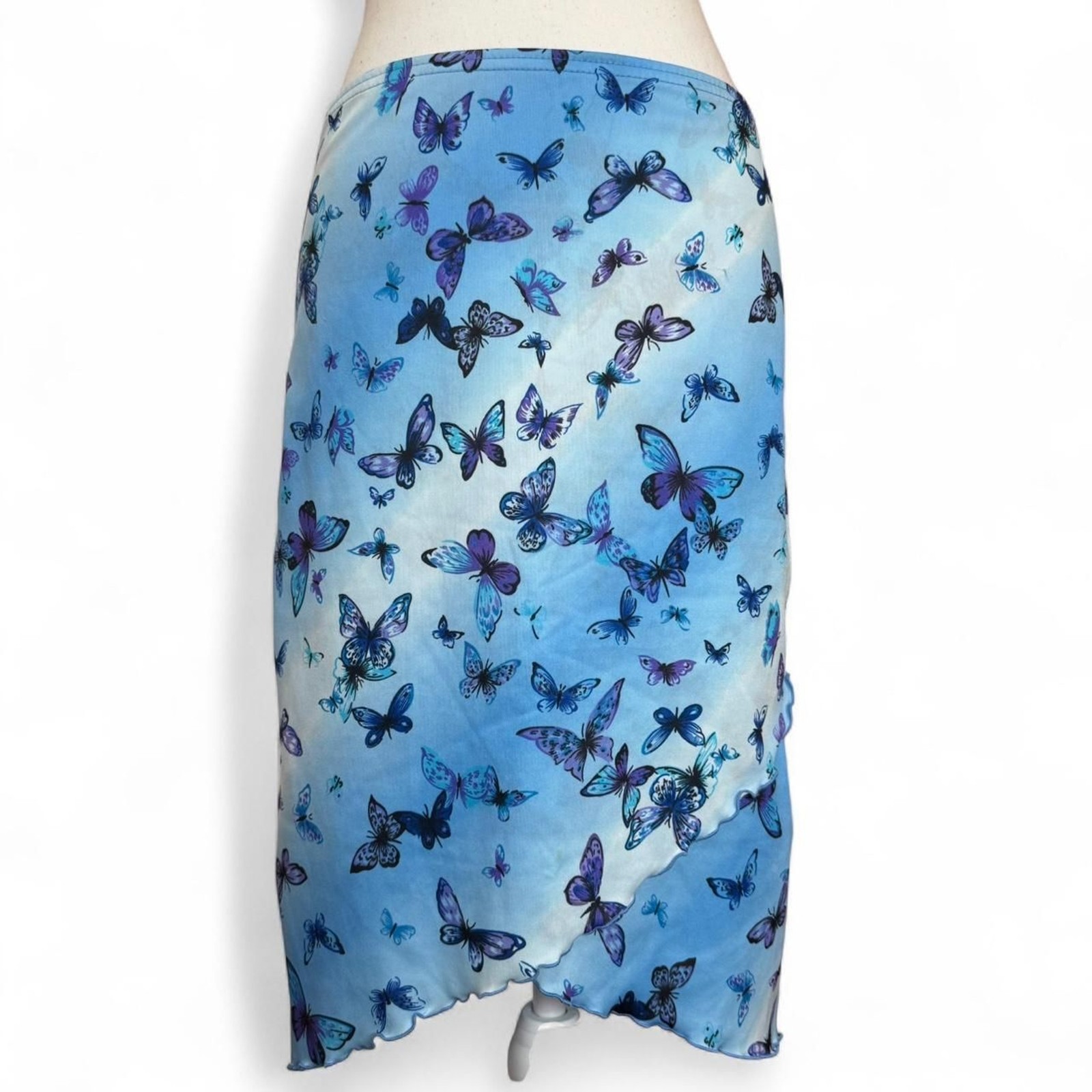 Vintage Y2K Mind Games blue butterfly asymmetrical lettuce hem midi skirt