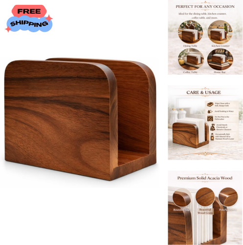 Acacia Wood Napkin Holder – Rustic Wooden Napkin Organizer for Kitchen, Dinin...