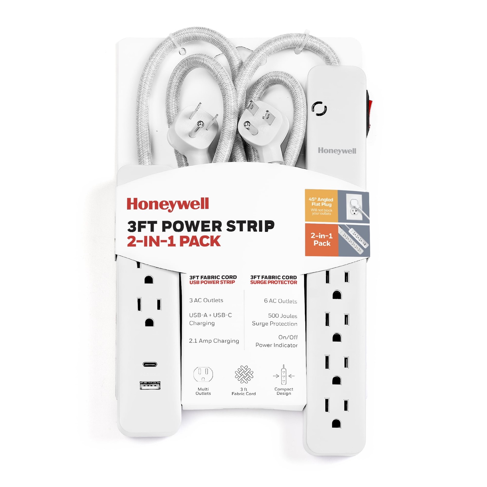 Merkury Innovations Honeywell 2-in-1 Power Strips, 6-Outlet Surge Protector with