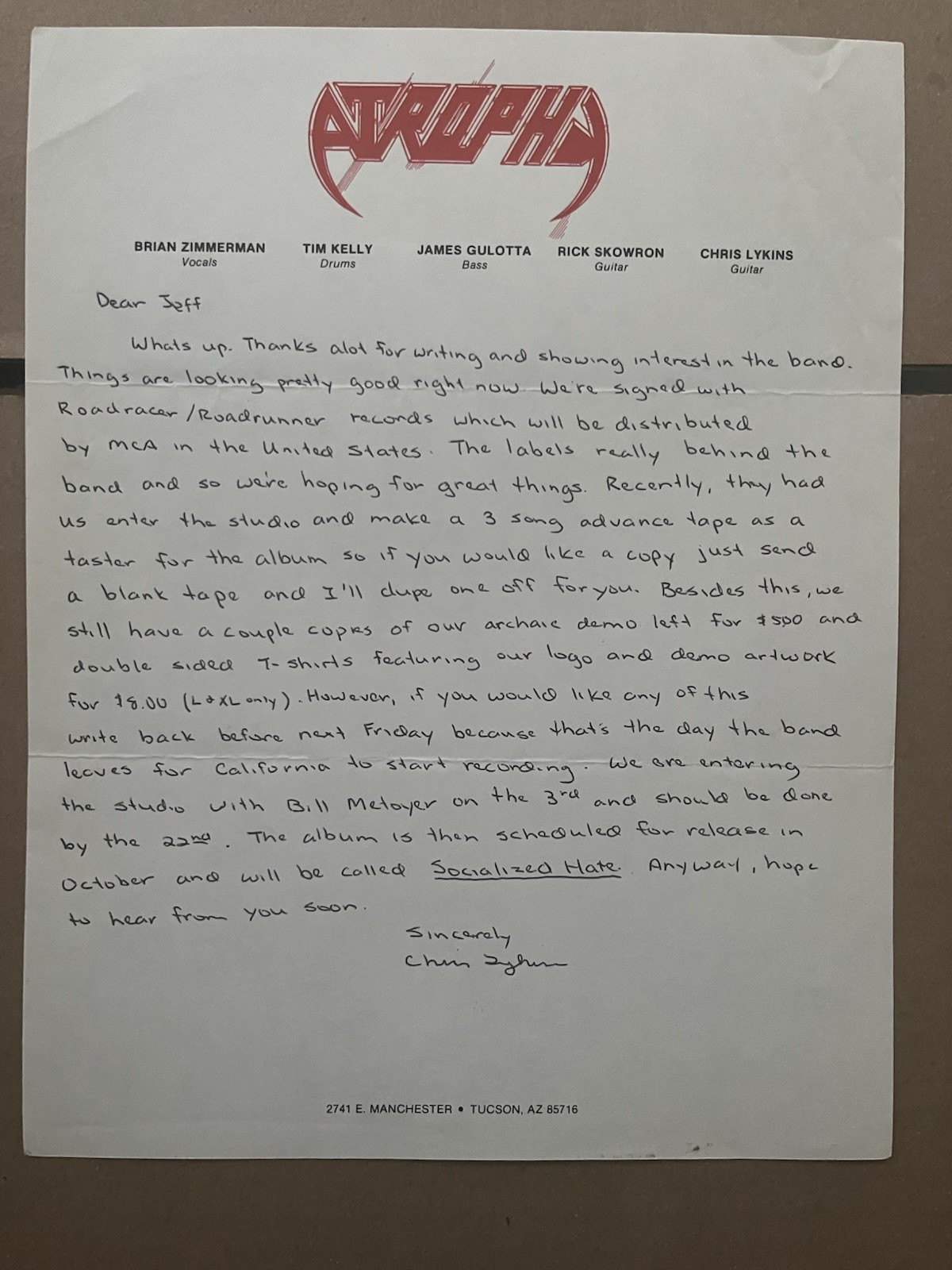 rare ATROPHY letter on band stationary Socialized Hate Arizona thrash metal 1988