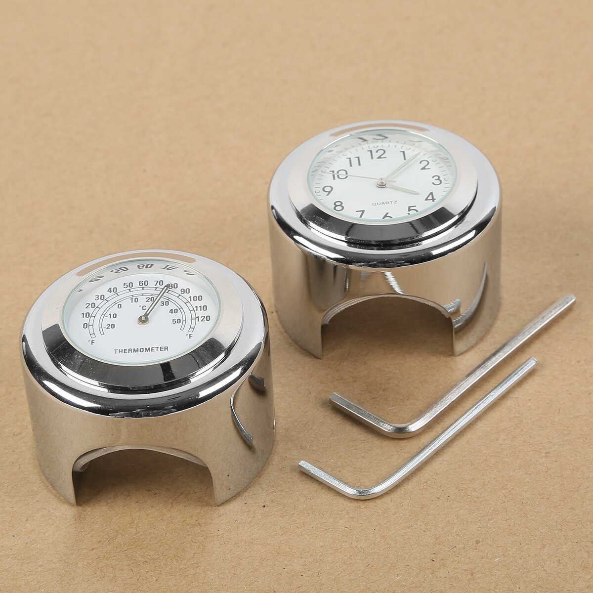 7/8\'\' 1\'\' Motorcycle Bike Handlebar Mount White Dial Clock & Thermometer Temp US