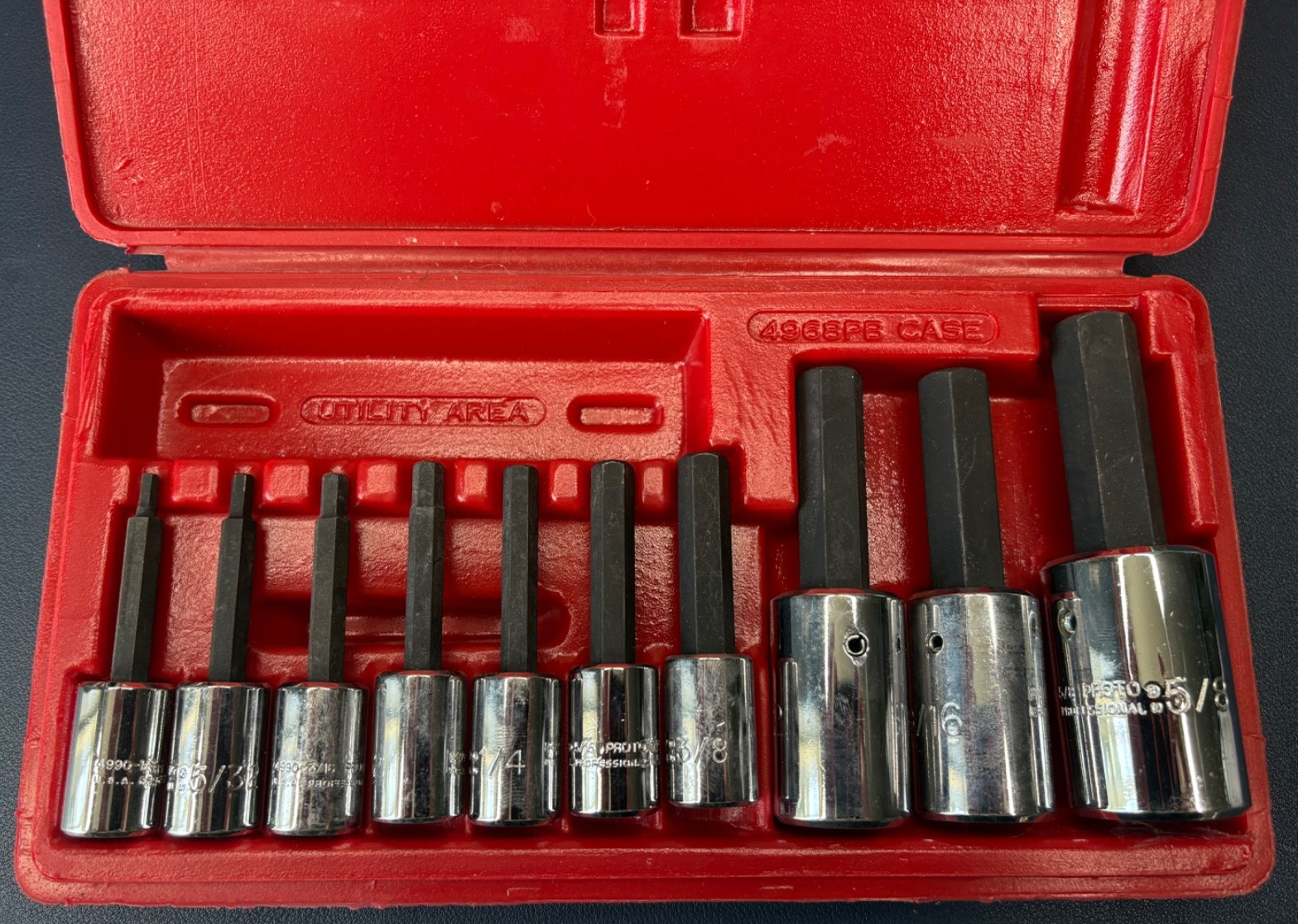 NEW PROTO (J4900A) 10 PC SET HEX BIT SOCKET SET 3/8 - 1/2 DRIVE -Made in USA NEW PROTO (J4900A) 10 PC SET HEX BIT SOCKET SET 3/8 - 1/2 DRIVE -Made in USA