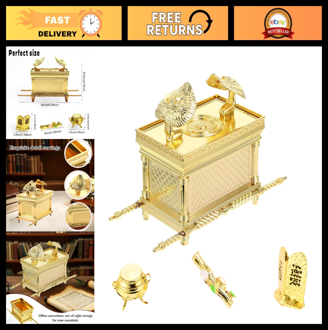 Biblical Ark of the Covenant Model Replica - Tabernacle Decor with Aaron's Rod,