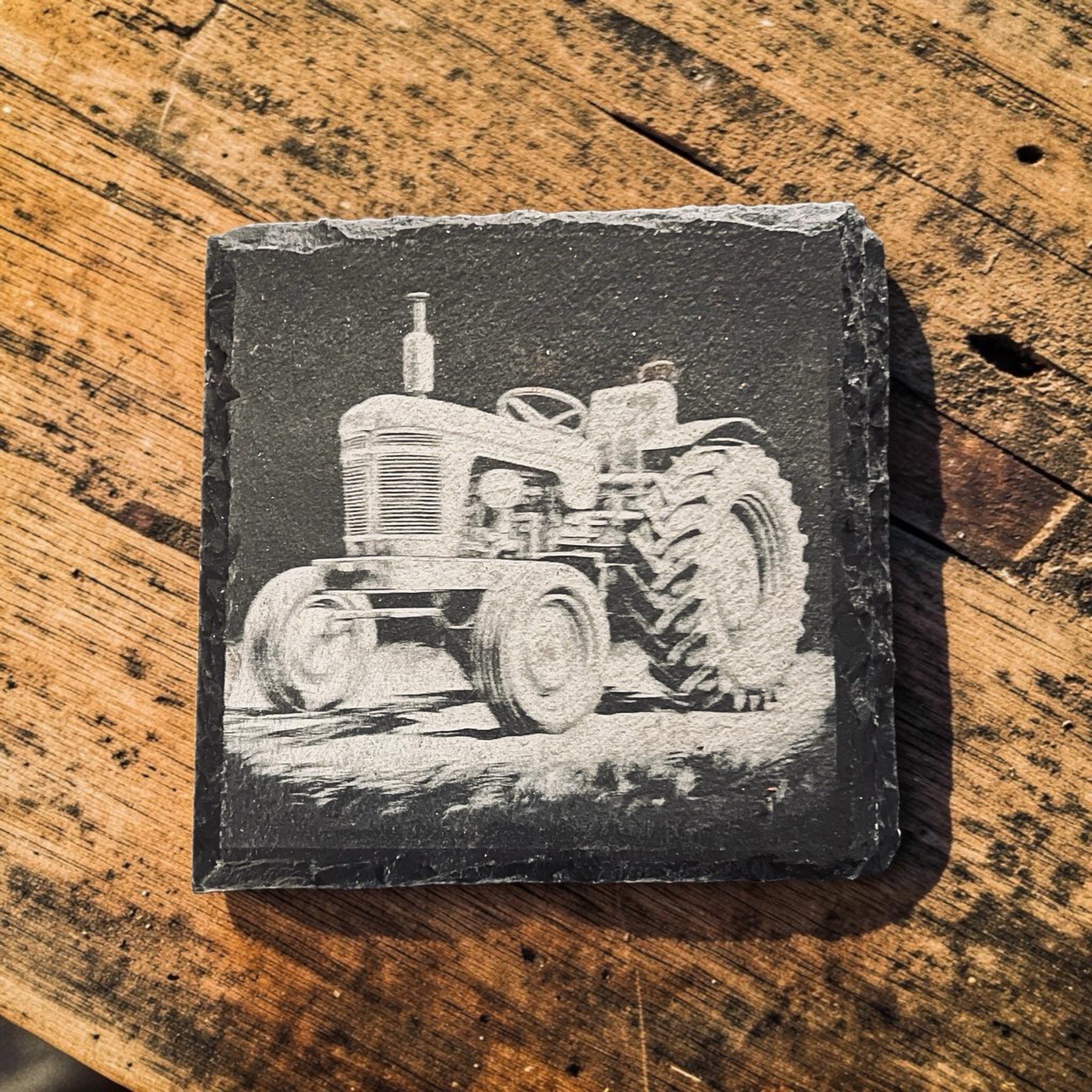 Rustic Laser Engraved Slate Coasters 🖤 2 Pack Gift 🩶 Tractor | Rooster | Farm