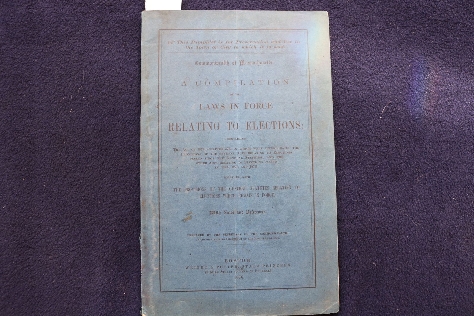 1876 MASSACHUSETTS ELECTION LAWS IN FORCE COMPILATION SOFTCOVER BOOK - K 859