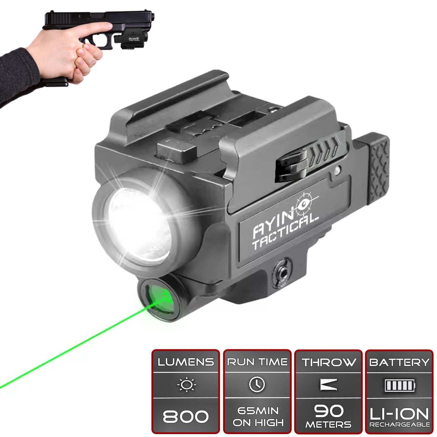 800 Lumen LED Pistol Light with Laser, Rechargeable, Quick Detach Mount - AYIN 800 Lumen LED Pistol Light with Laser, Rechargeable, Quick Detach Mount - AYIN