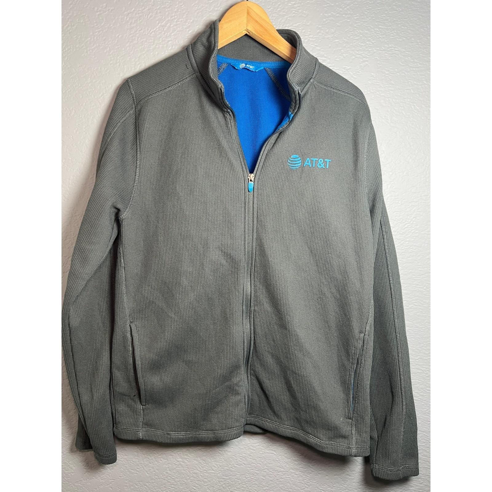 AT&T Corporate Full Zip Jacket Mens Medium Gray Waffle Knit Mock Neck Logo
