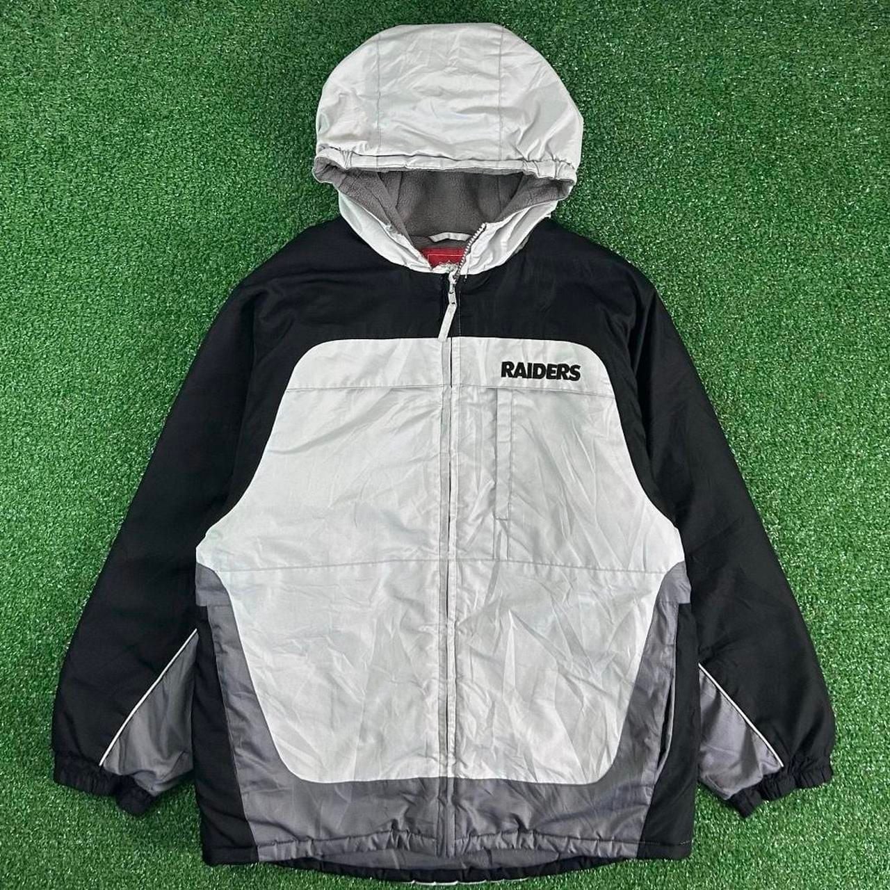 Vintage Oakland Raiders 90s Y2K Puffer Jacket, Silver/Black, Distressed, Size La