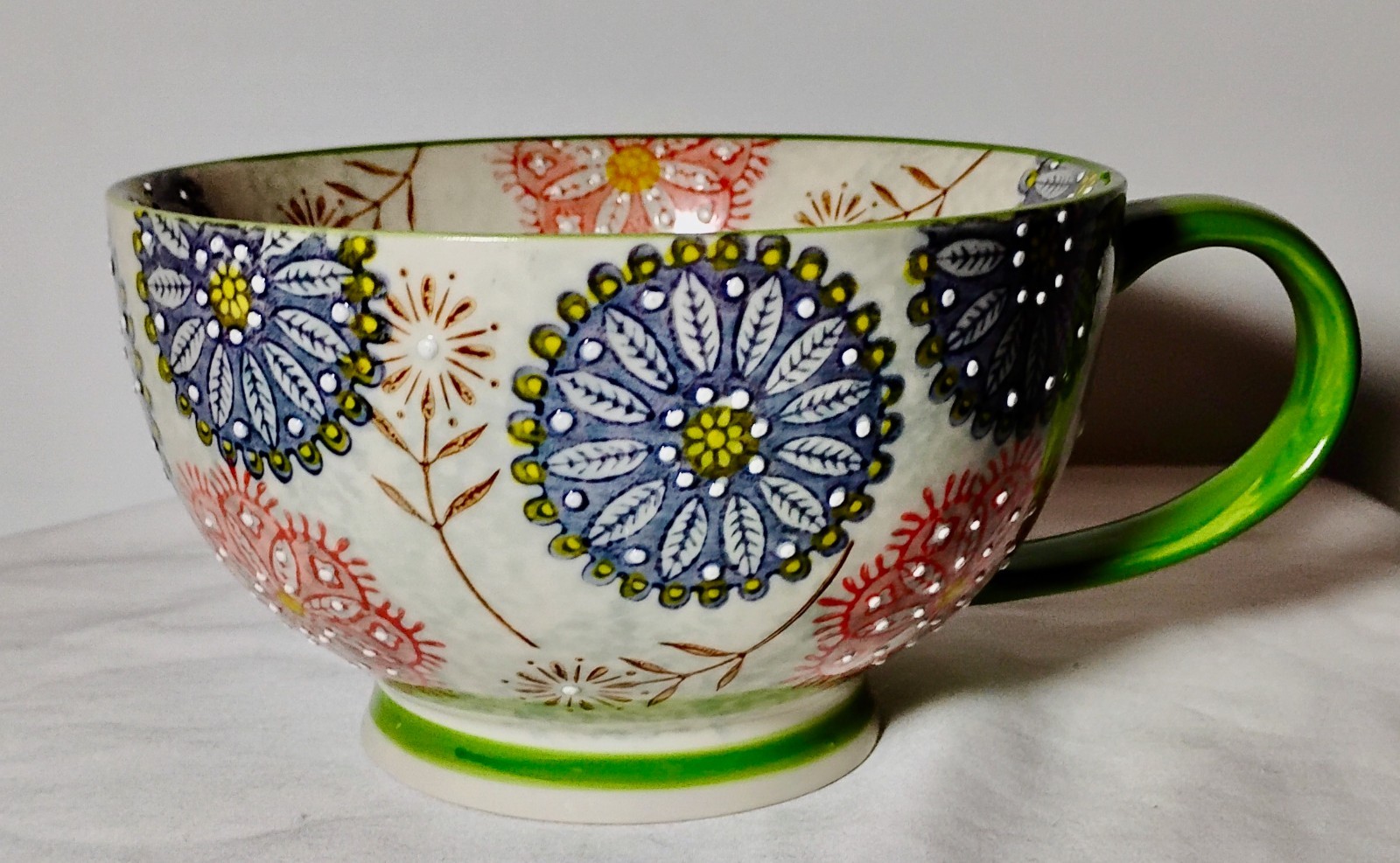 Pier 1 Imports Floral Medallion Hand Painted Textured Stoneware 24 oz Mug/Bowl
