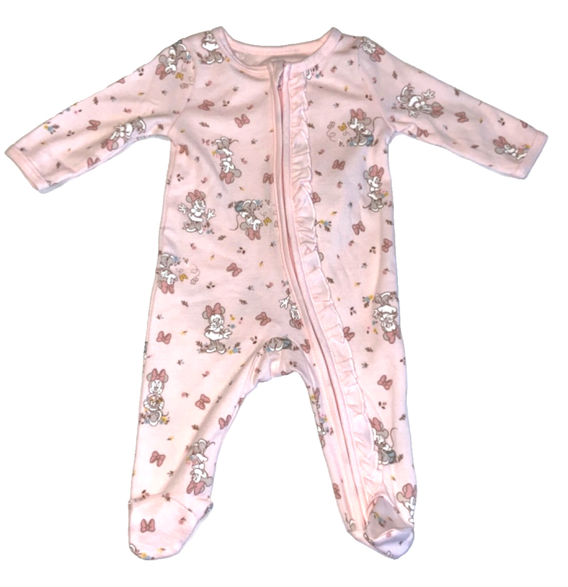 Minnie Mouse Disney Baby Sz 0-3M Pink Footed Bodysuit/ Onepiece Front Ruffle NWT