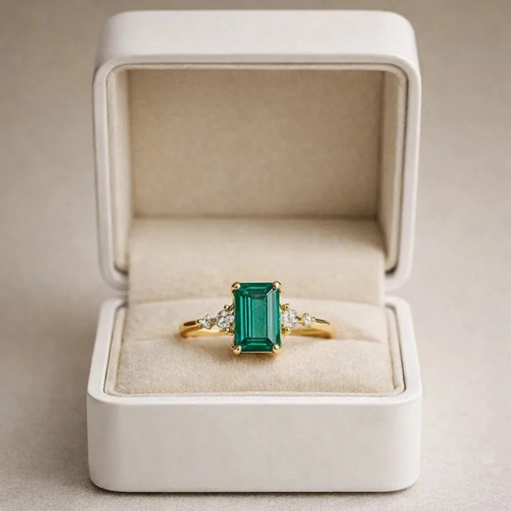 3.90 Ct Emerald Cut Natural Emerald & Diamond Wedding Ring 14K Yellow Gold