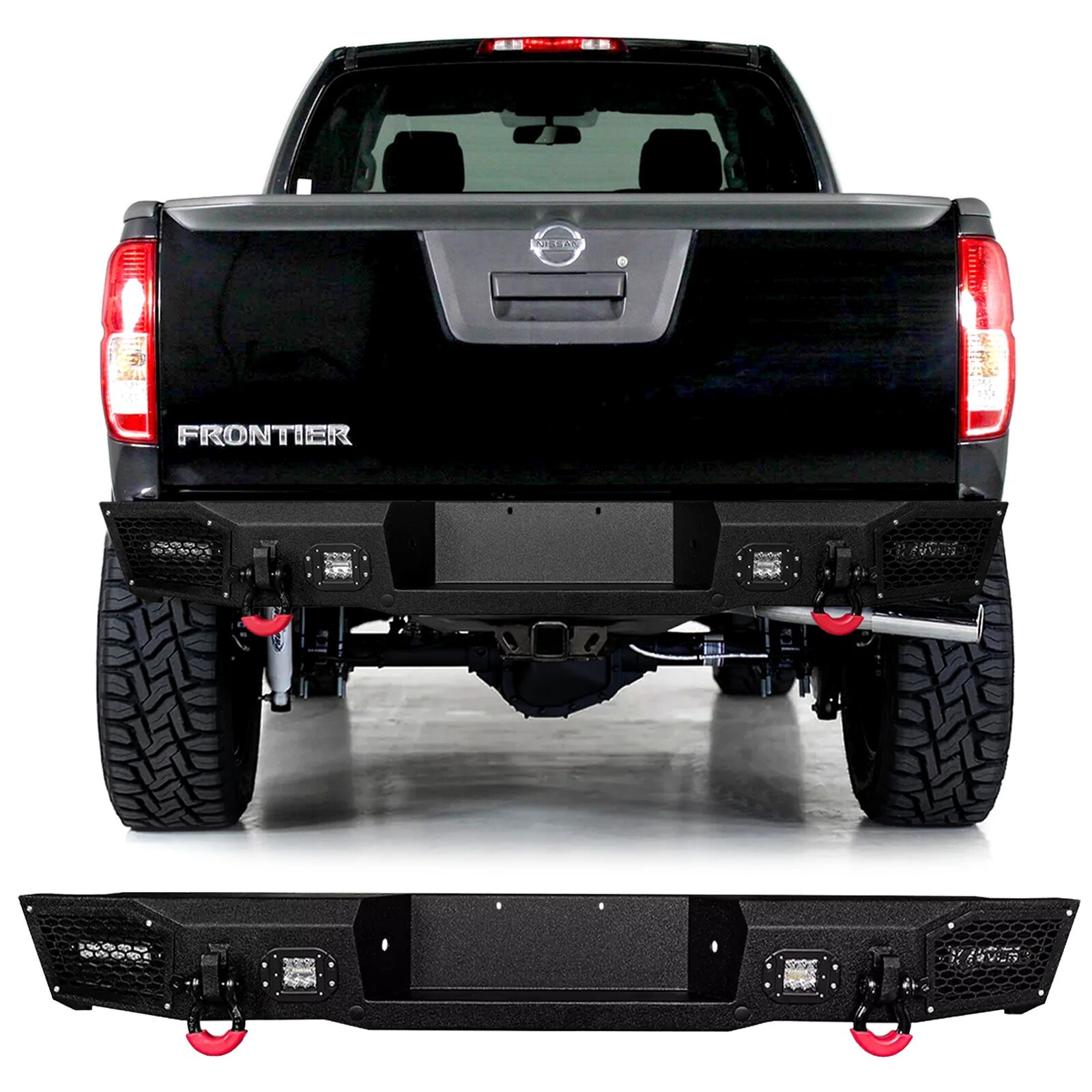 Vijay For 2005-2021 Nissan Frontier Steel Rear Bumper Black Texture w/LED Lights