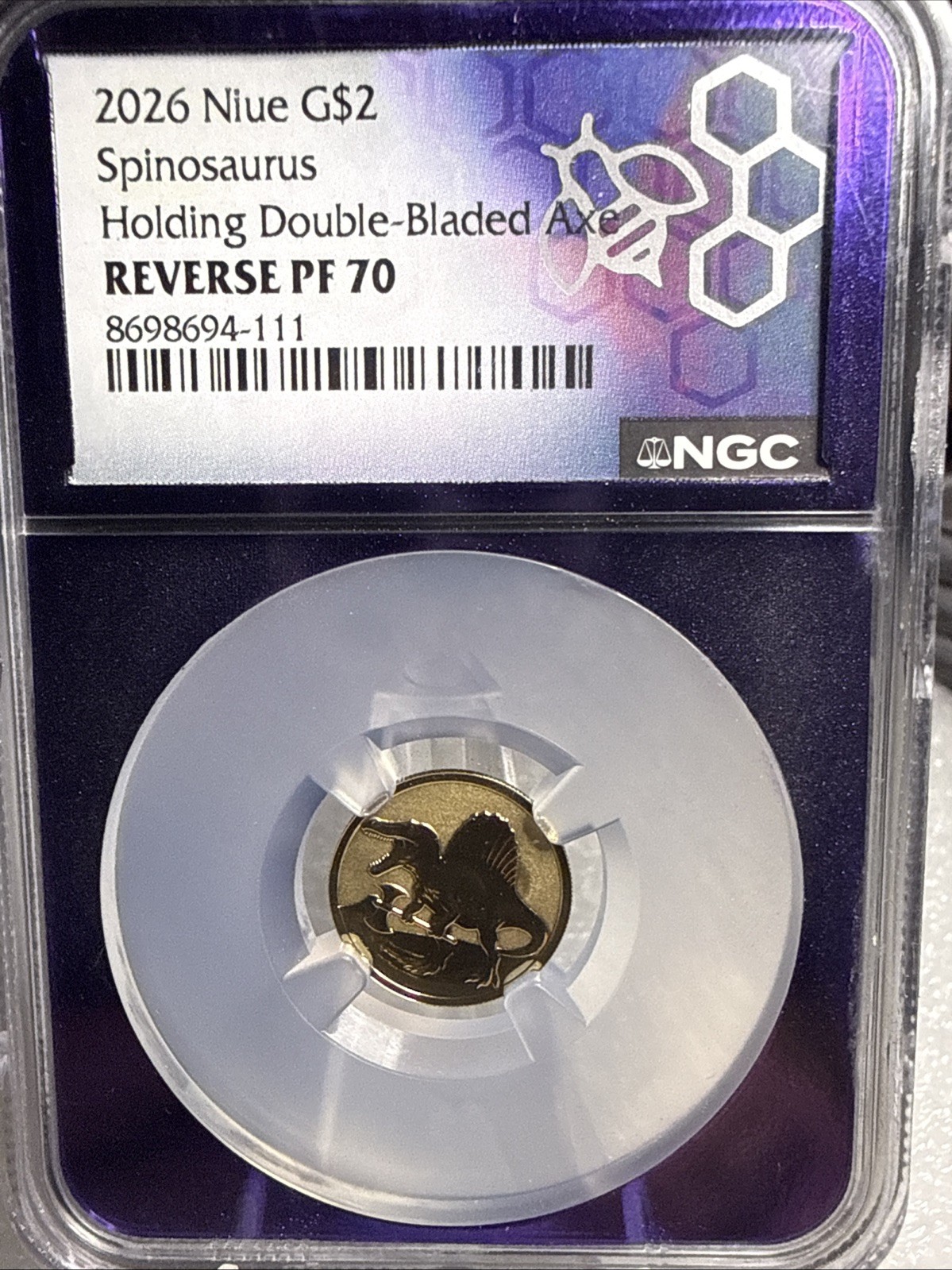 2026 Niue G$2 Spinosaurus Double-Bladed Axe NGC Reverse PF 70 2026 Niue G$2 Spinosaurus Double-Bladed Axe NGC Reverse PF 70