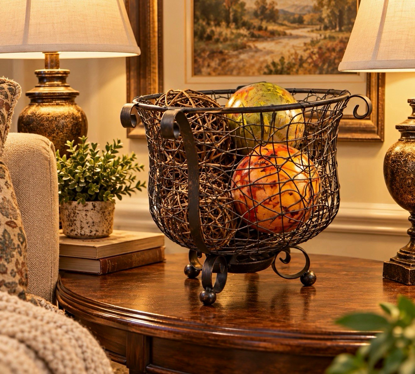 Rustic Metal Wire Basket with Decorative Rattan & Glass Orbs Centerpiece Set