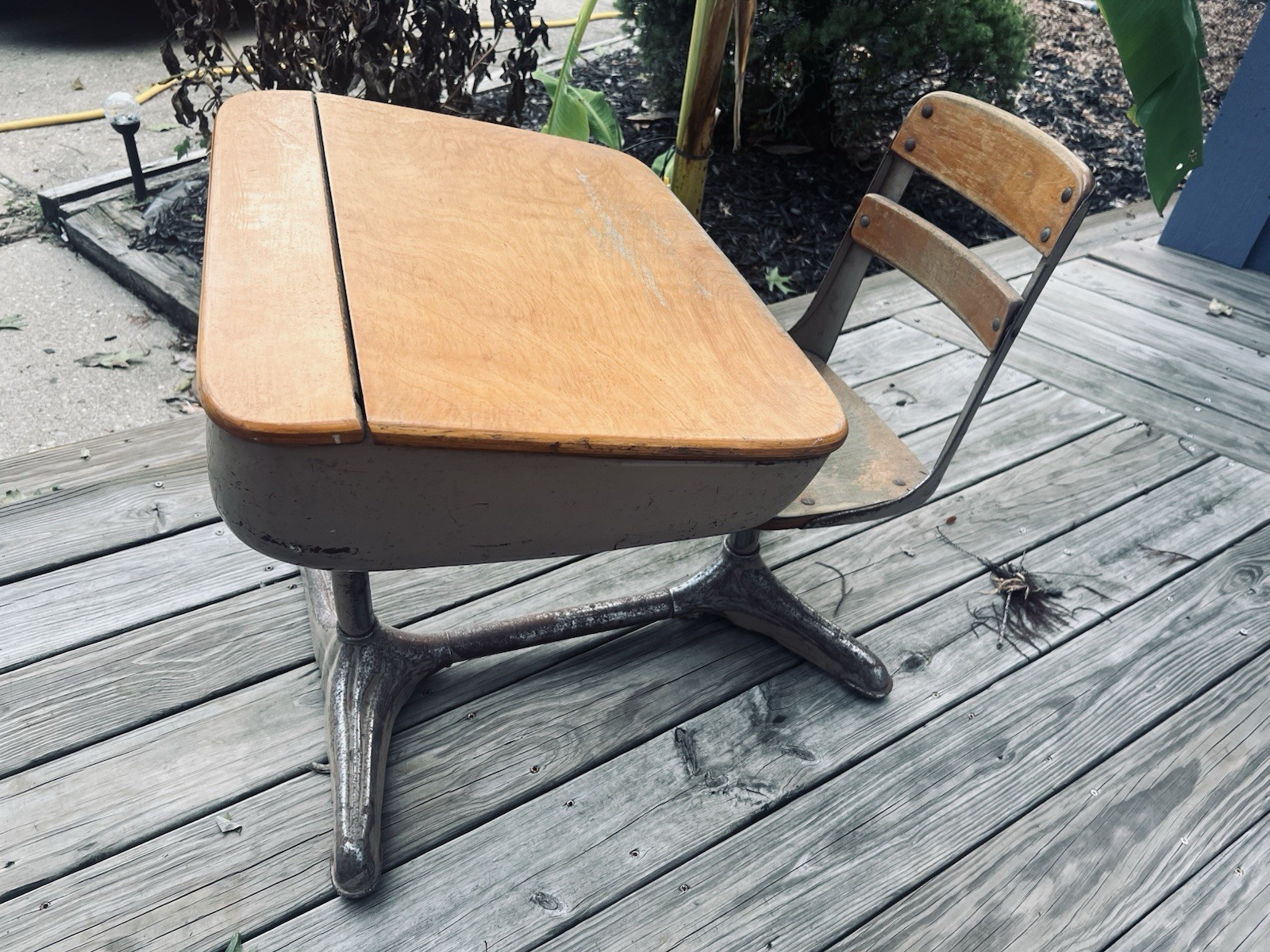 Vintage Child\'s Industrial School Desk & Chair - Wood, Metal, Flip Top Vintage Child\'s Industrial School Desk & Chair - Wood, Metal, Flip Top
