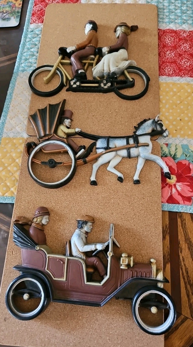 VTG 1975 HOMCO Set of 3 Modes of Transportation Buggy Bicycle Car Wall Hangings