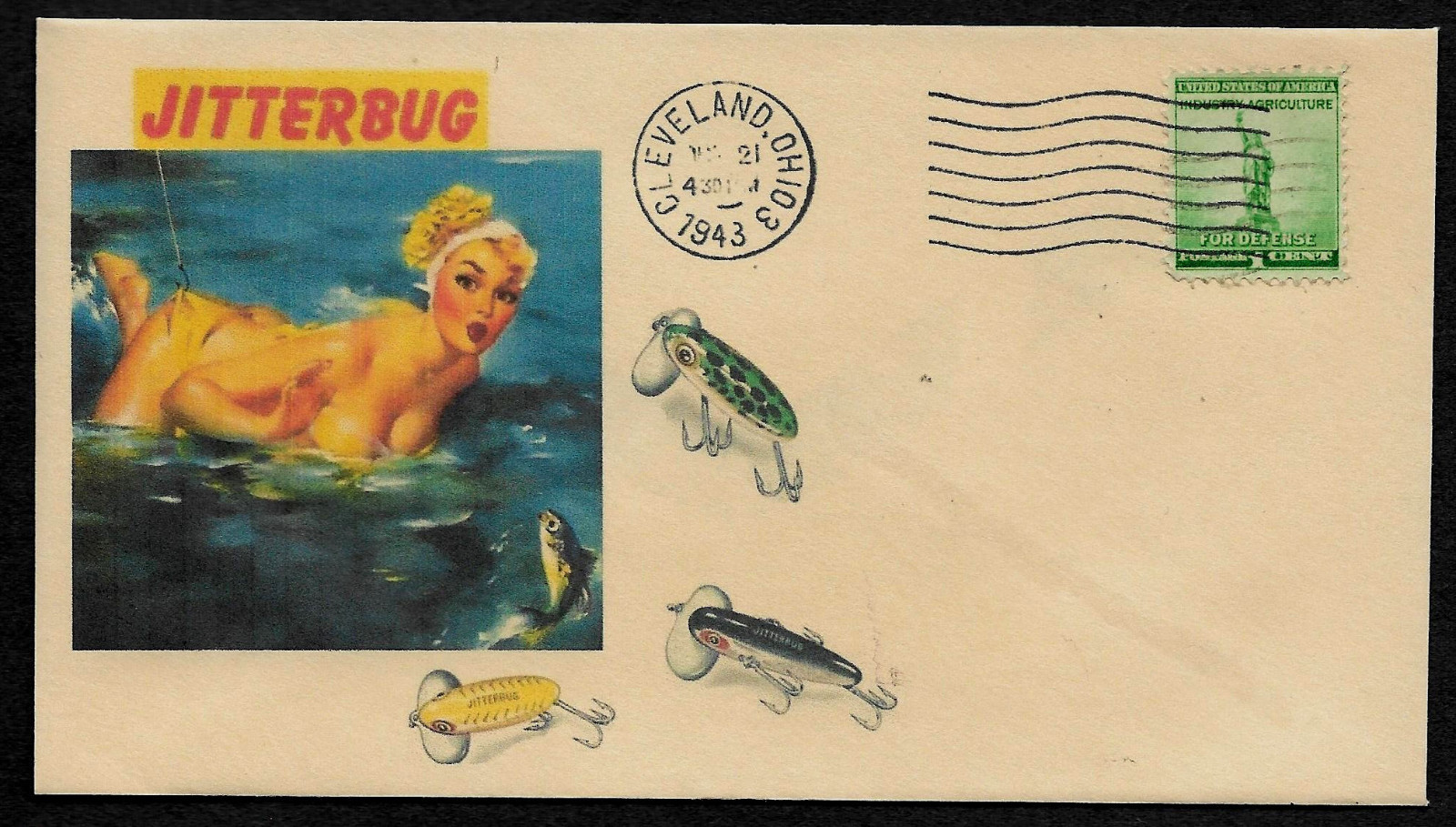  1940s Vintage Fishing Lures & Sexy Lady Featured on Collector\'s Envelope *OP615